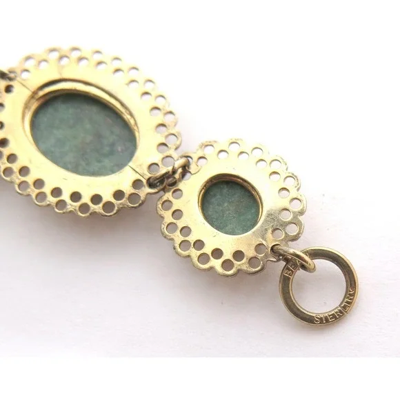 Vintage BEAU STERLING Signed Gold Vermeil Filigree Jade Cab Bracelet & Earrings